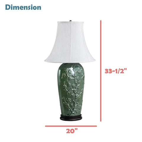 Green Glaze Floral Embossed Ceramic Table Lamp With Dark Wood Base, Traditional 33.5 Inch Height, Oval Bell Off White Linen Shade