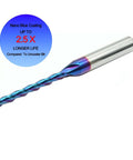 CNC router bit, 1/8 in cutting dia, 1/4 in shank, 3-flute, extra-long, solid carbide with nano blue coating