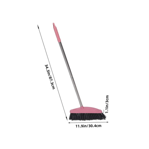 Heavy Duty Pink Broom With Extended Handle Sweeps Indoors And Outdoors, 34.3 in tall, durable steel bristles for effective cleaning.