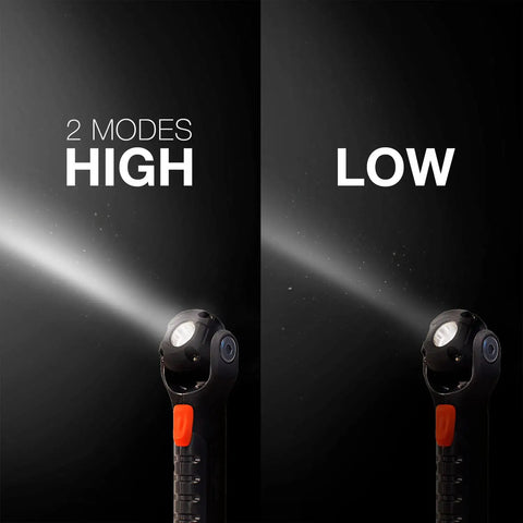 Hardcase Pivot Plus Swivel Head Flashlight With 300 Lumens showing high and low modes, 175-degree adjustable beam