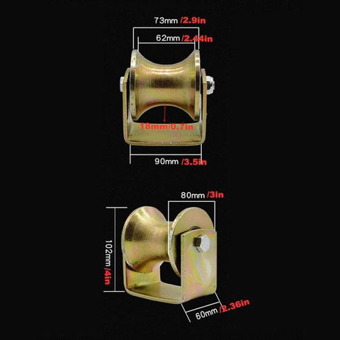 Side view of U Groove Rigid Track Wheel for Sliding Gates, Heavy Duty Barn Door Casters with Bracket, dimensions shown.