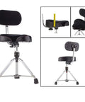 Super Smooth Height Adjustable Drum Throne With All Day Comfy Backrest And Non Slip Rubber Feet Rock Solid Build For Piano Guitar And Home Rehearsals Built Tough For Players Of All Levels In Matte Black, side view with adjustable height.