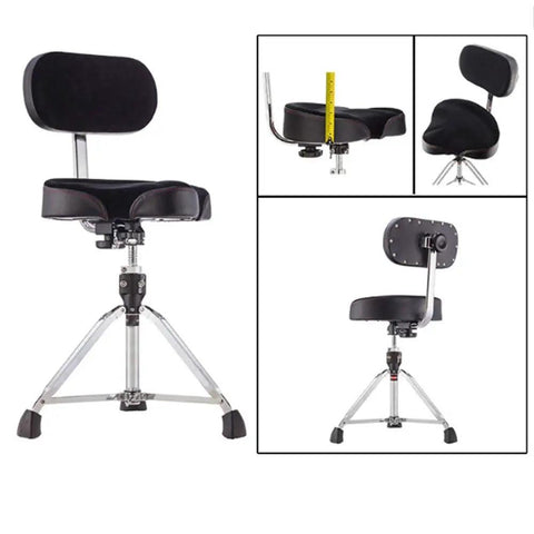 Super Smooth Height Adjustable Drum Throne With All Day Comfy Backrest And Non Slip Rubber Feet Rock Solid Build For Piano Guitar And Home Rehearsals Built Tough For Players Of All Levels In Matte Black, side view with adjustable height.