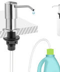 Stainless Steel Built In Soap Dispenser Pump For Kitchen Sink With Forty Seven Inch Extension Tube And Eleven Point Eight Four Ounce Soap Bottle Kit Brushed Nickel, showing pump and extension in use under sink with soap bottle.
