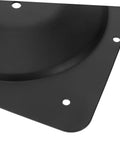 Close-up of Black Iron Table Leg Connector Bracket With Screws For Furniture Repair Angled Mounting Plate, heavy-duty design.