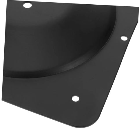 Close-up of Black Iron Table Leg Connector Bracket With Screws For Furniture Repair Angled Mounting Plate, heavy-duty design.