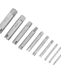10 Piece Screw Extractor Set For Stripped Or Broken Screws And Taps, High Speed Steel Removers in various sizes, arranged in a line.