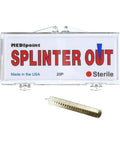 Splinter Out Splinter Remover, 20 count sterile pack with tri bevel point on white background, made in USA