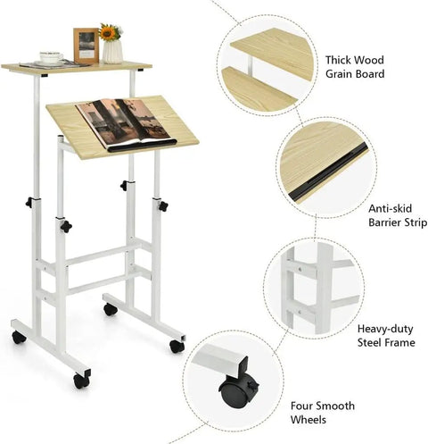 Totally Slick Rolling Laptop Cart With Adjustable Height Versatile Mobile Workstation Solid Steel And Wood Surface Fast Glide Casters Home Office showing adjustable height design and smooth wheels.