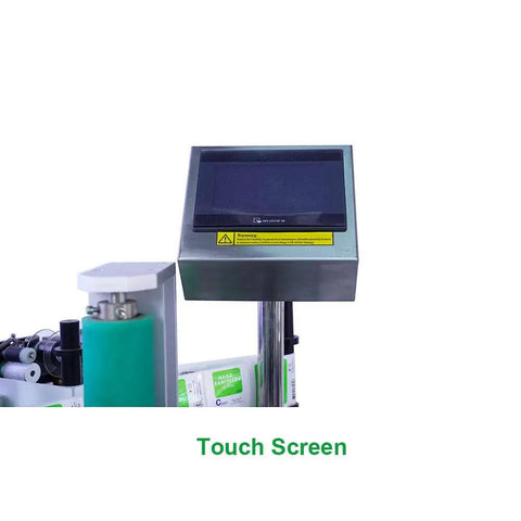 Touch screen interface of the Automatic Fixed Point Labeling Machine For Round Bottles Cans And Jars With Slick Height Adjustments.