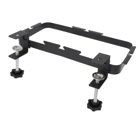 Heavy Duty Trash Bag Holder Rack With Adjustable Clamp Garbage Hook, Carbon Steel Cabinet Stand Built Tough For Kitchens Or Campouts, Adjusts No Sweat And Holds Big Bags Snug All Day Long, black metal clamping rack close-up.