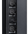 Side view of a 55 Inch Sunshine Ready Outdoor Digital Display featuring USB, HDMI, and LAN input ports for connectivity.