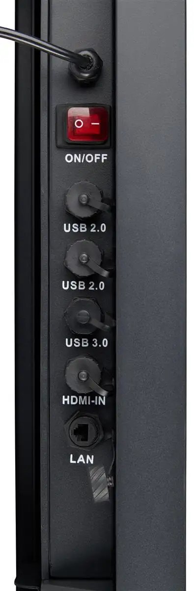 Side view of a 55 Inch Sunshine Ready Outdoor Digital Display featuring USB, HDMI, and LAN input ports for connectivity.