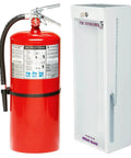 Heavy Duty Twenty Lb Class Abrc Dry Chemical Fire Extinguisher With Tough As Nails Powder Coated Steel Cabinet Plus No Nonsense Pull Aim Squeeze Sweep Sign For Business Ready Use visible with steel mount rack.