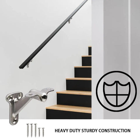 3 Pack 3 Inch Beefy Heavy Duty Handrail Brackets Matte Black For Stair Railing Easy Diy Install Zinc Alloy Construction Secures Wooden Handrails To Wall Supports Up To 250 Lbs. Image showing matte black handrail and zinc alloy bracket.