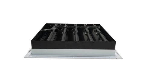 Top Tier Heavy Workhorse Roof Mount Whole House Fan For Flat Roofs With Zero Attic 24 inch damper grille shown from side angle.