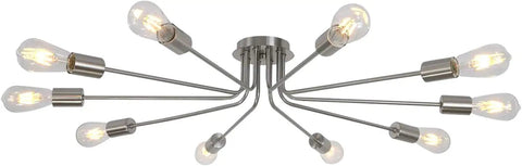 Dope 10 Light Sputnik Ceiling Light Fixture In Brushed Nickel Semi Flush Mount showing bulbs and arms spread in starburst pattern.