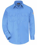 Tough As Nails Flame Resistant Work Shirt In Light Blue With Soft Cotton Nylon Mix, Real Deal Arc Rated Safety Gear For Working Crews, Nfpa Certified Daily Grind Ready Utility Top.