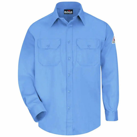 Tough As Nails Flame Resistant Work Shirt In Light Blue With Soft Cotton Nylon Mix, Real Deal Arc Rated Safety Gear For Working Crews, Nfpa Certified Daily Grind Ready Utility Top.