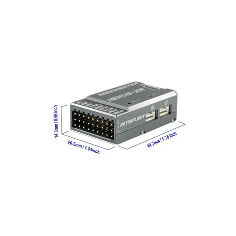 Nexus XR Helicopter Flight Controller With Integrated 2.4G ELRS Receiver showing dimensions and connectors