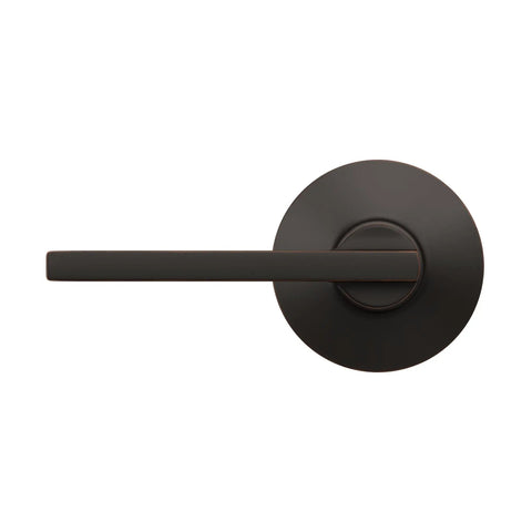 F10 LAT 716 Latitude Door Lever Hall And Closet Passage Lock Aged Bronze Finish with round rosette, side view