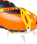 Ski Tour New-Matic Crampons For Ski Touring With Ultra Lightweight, Bomb Proof Front Bail attached to orange ski boot