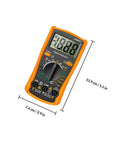 Dm850 Auto Range Digital Multimeter Handy Handheld Voltage Current Tester With Resistance Diode Continuity For Diy Home Repair And Everyday Electronics Projects in orange casing with measurement dimensions.