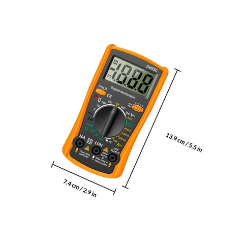 Dm850 Auto Range Digital Multimeter Handy Handheld Voltage Current Tester With Resistance Diode Continuity For Diy Home Repair And Everyday Electronics Projects in orange casing with measurement dimensions.