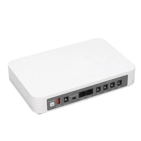 Reliable Mini UPS Backup With 8000 Mah Battery For Router And Modem with USB and DC output slots, white design, top view.