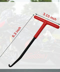 Front view: red-handle motorcycle exhaust spring hook tool with black shaft; 6.3in length, 3.15in head, rubber coating