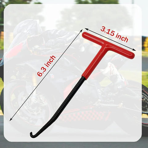 Front view: red-handle motorcycle exhaust spring hook tool with black shaft; 6.3in length, 3.15in head, rubber coating