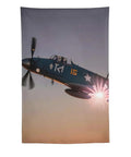 World War II Aircraft Wall Tapestry Large Polyester Print With Easy Hang Kit for bedroom, depicting vintage fighter plane at sunset