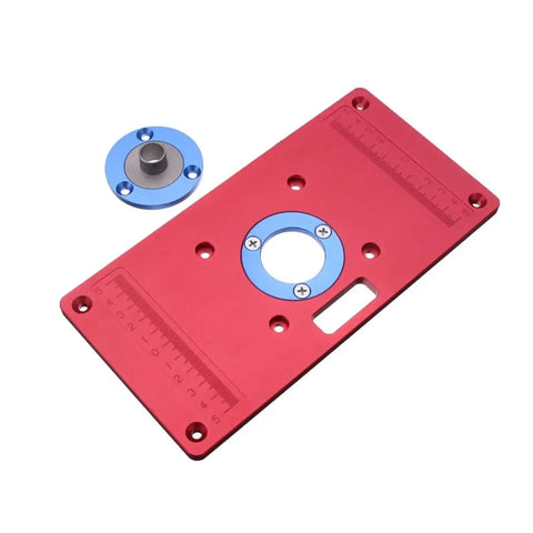 Heavy Duty Aluminum Router Table Insert Plate With Fast Align Center Bushing For Woodwork Stations, red with blue details, measures 240x120mm.