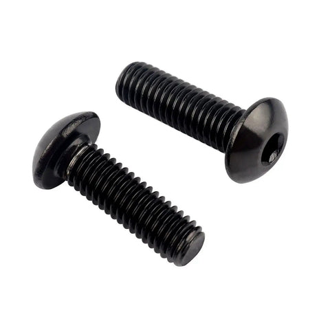 Two M5x10mm titanium finish stainless steel bike bolts with black dope look for disc brake rotor screws, rustproof hex drive.