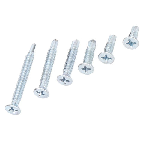 Self Drilling Screws Kit 160 Pcs Carbon Steel Blue Zinc Plated Countersunk Cross Head Fasteners M4.2 For Wood Heavy Duty Rust Resistant Ultra Sharp Threads Deep Thread Design Easy Grip Quick Install, five blue zinc screws on white
