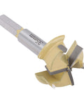35mm hinge boring bit, yellow body with 9mm hex shank, 10mm depth, 3-flute cutter for woodworking (Amazon)