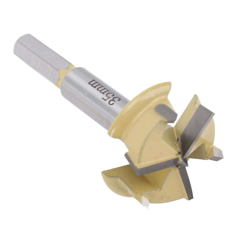 35mm hinge boring bit, yellow body with 9mm hex shank, 10mm depth, 3-flute cutter for woodworking (Amazon)