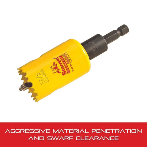 Heavy Duty Bi Metal Deep Cut Hole Saw With Arbor For Fast Metal And Wood Cutting Abrasion Resistant HSS Teeth One And A Half Inch Diameter Two Inch Depth Pro Grade Cutter Built To Slice Through Metal Like Butter ADCH0112 shown.