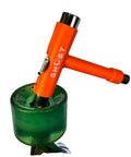 Orange T-handle all-in-one skate tool with screwdriver inserted in green wheel for quick adjustments and tuning.