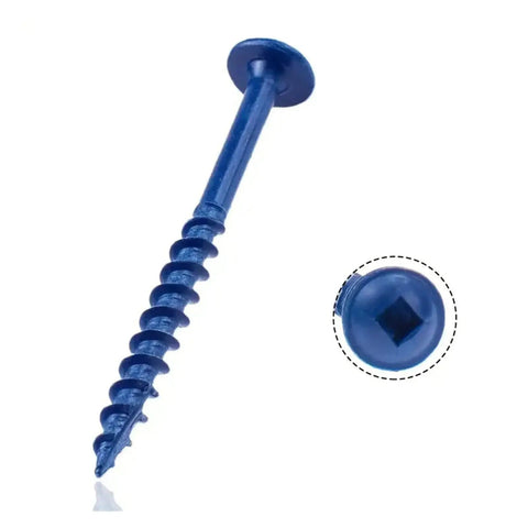 Blue Pocket Hole Screws Set 150 Pieces for Woodworking Carbon Steel, close-up of single screw and square head detail