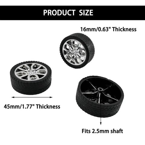 10 Piece Toy Car Wheel Set With Rubber Tires And 5 Round Shafts Axles For DIY RC Cars Trucks Robots, wheel size and shaft details.