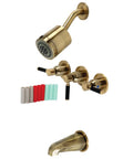 Kaiser Triple-Handle Tub And Shower Faucet In Antique Brass, Heavy-Duty Brass Zinc Alloy and ABS Build, shown with handles and spout.