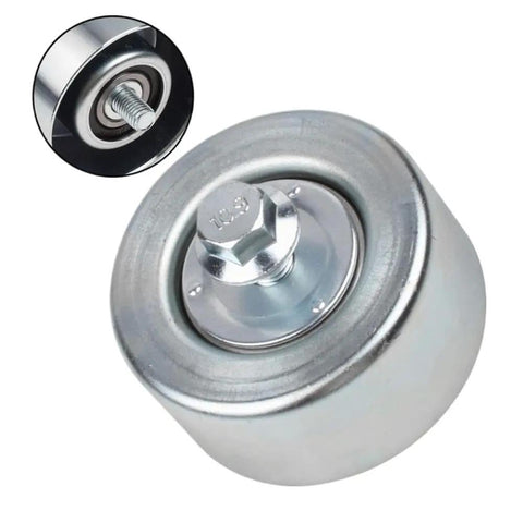 Heavy Duty Drive Belt Tensioner Pulley 16620-31031 showing top view, silver metal surface, designed for Toyota FJ Cruiser and Sienna Vans.