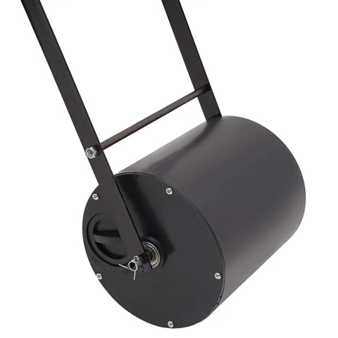 Close-up of Workhorse Ten Nozzles Hand Push Garden Seeder roller, iron and plastic construction, visible handle, and wheel mechanism.