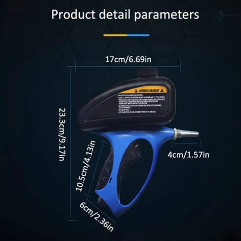 Heavy Duty Pneumatic Sandblaster And Airless Paint Sprayer measures 23.3cm tall with a blue ergonomic handle for rust removal.