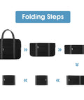 Folding steps for Under Seat Personal Item Bag 18x14x8 Inch 30L Foldable Travel Duffel Tote showing compact storage process.