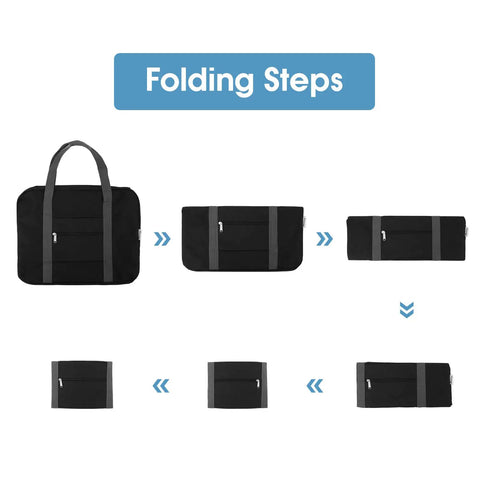 Folding steps for Under Seat Personal Item Bag 18x14x8 Inch 30L Foldable Travel Duffel Tote showing compact storage process.