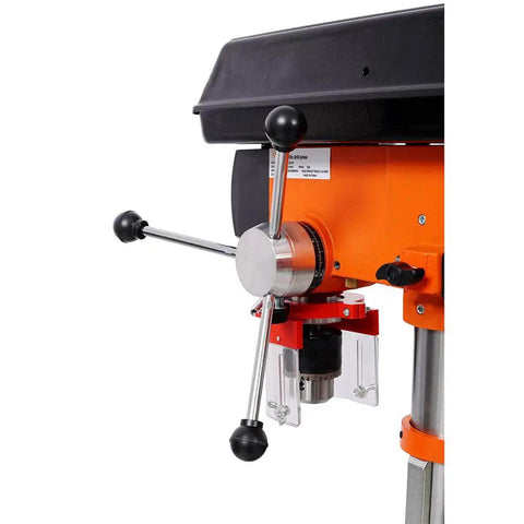 Close-up of 10 Inch Benchtop Drill Press With Laser Guide And Variable Speed. Heavy duty controls and precision drill chuck.