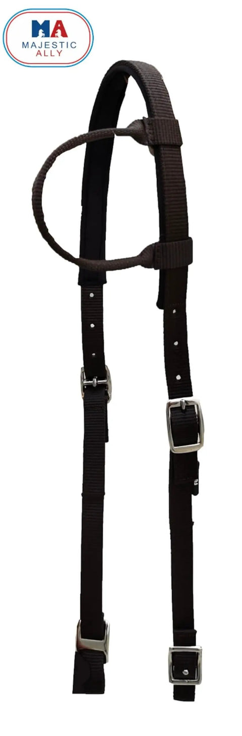 Built To Last Nylon Padded Sliding Single Ear Horse Headstall, Adjustable Comfort Fit, chocolate color with buckles