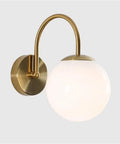 Gold Wall Sconce Mid Century Modern Wall Mount Light Hardwired Sconces Wall Light with Milky White Glass Shade Indoor Bedside Wall Lamps for Living Room Hallway, round glass shade, brass arm, wall-mounted.